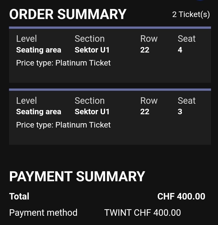 Biglietti: 2x Platinum tickets – Nuovo e nell'imballaggio originale da Zürich venduto da Nlisita 1