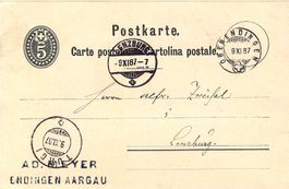 alte Postkarte, gel. 1887 von Oberendigen nach Lenzburg