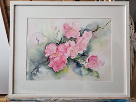 "KIRSCHBLÜTEN" Aquarell mit Passepartout und Rahmen.