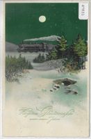Herzlichen Glückwunsch zum neuen Jahre - Dampfzug - Litho