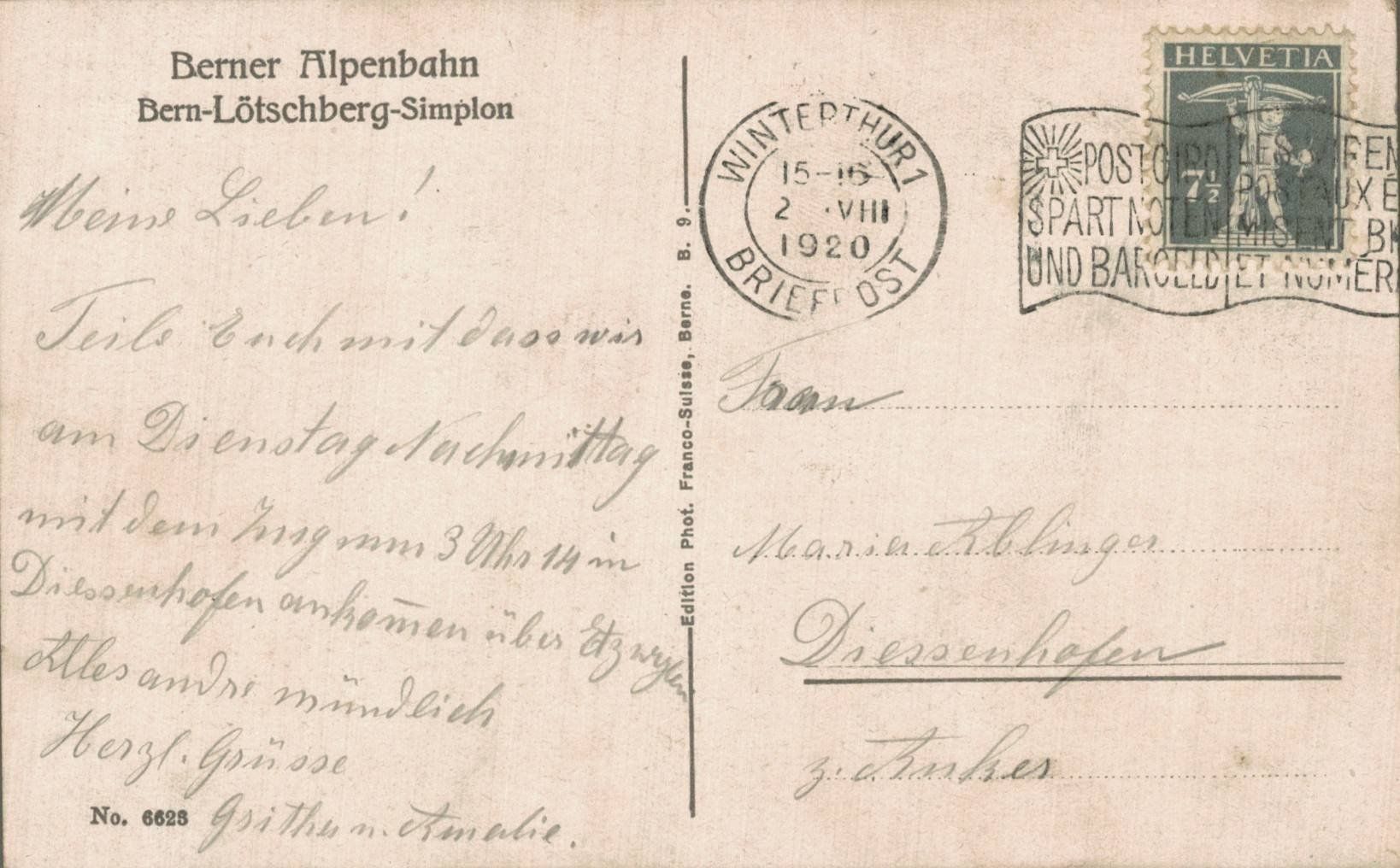 Cartoline postali: Ansichtskarte Lötschbergtunnel Südausgang Goppenstein 1920 – Usato da Luzern venduto da Kartenansicht 1
