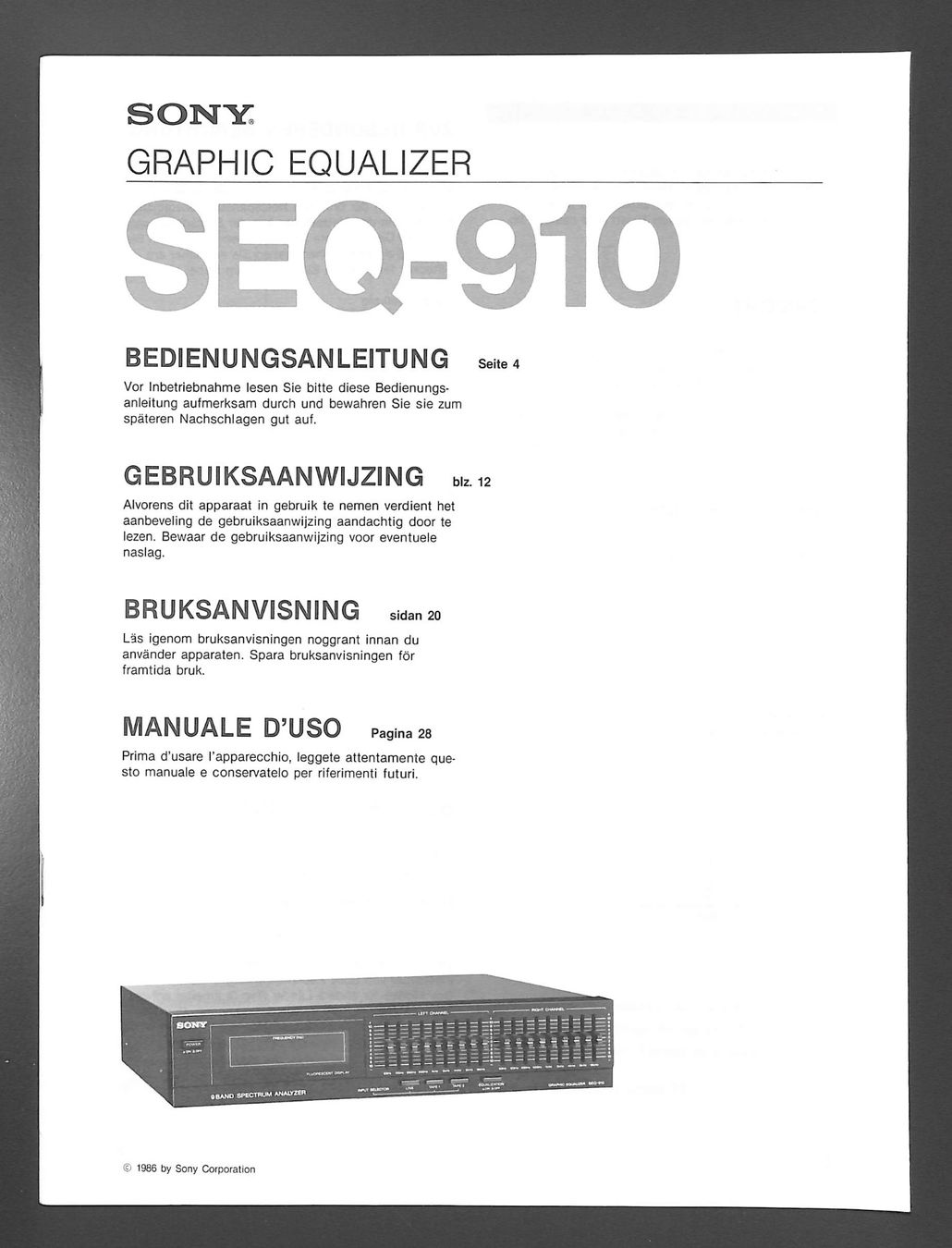 Sony Equalizer: SONY SEQ-910 Graphic Equalizer Bedienungsanleitung © 1986 – Gebraucht aus Zürich von Nobs1