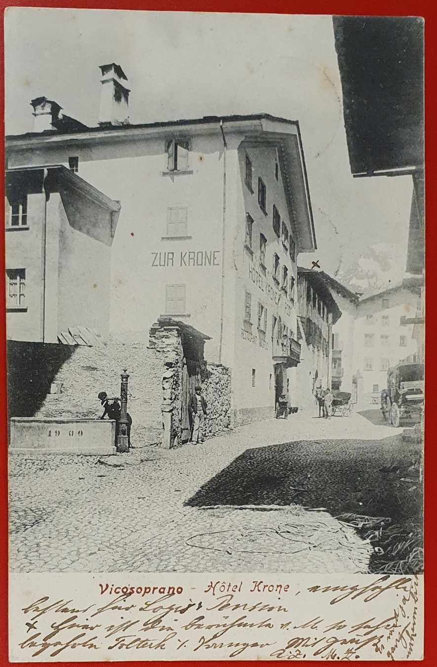 Ansichtskarten: Vicosoprano 1908 - Hotel Krone – Gebraucht aus Kreuzlingen von Rschweiz1