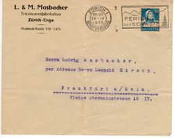 Brief, Mosbacher Tricotwarenfabrik Zürich nach Frankfurt