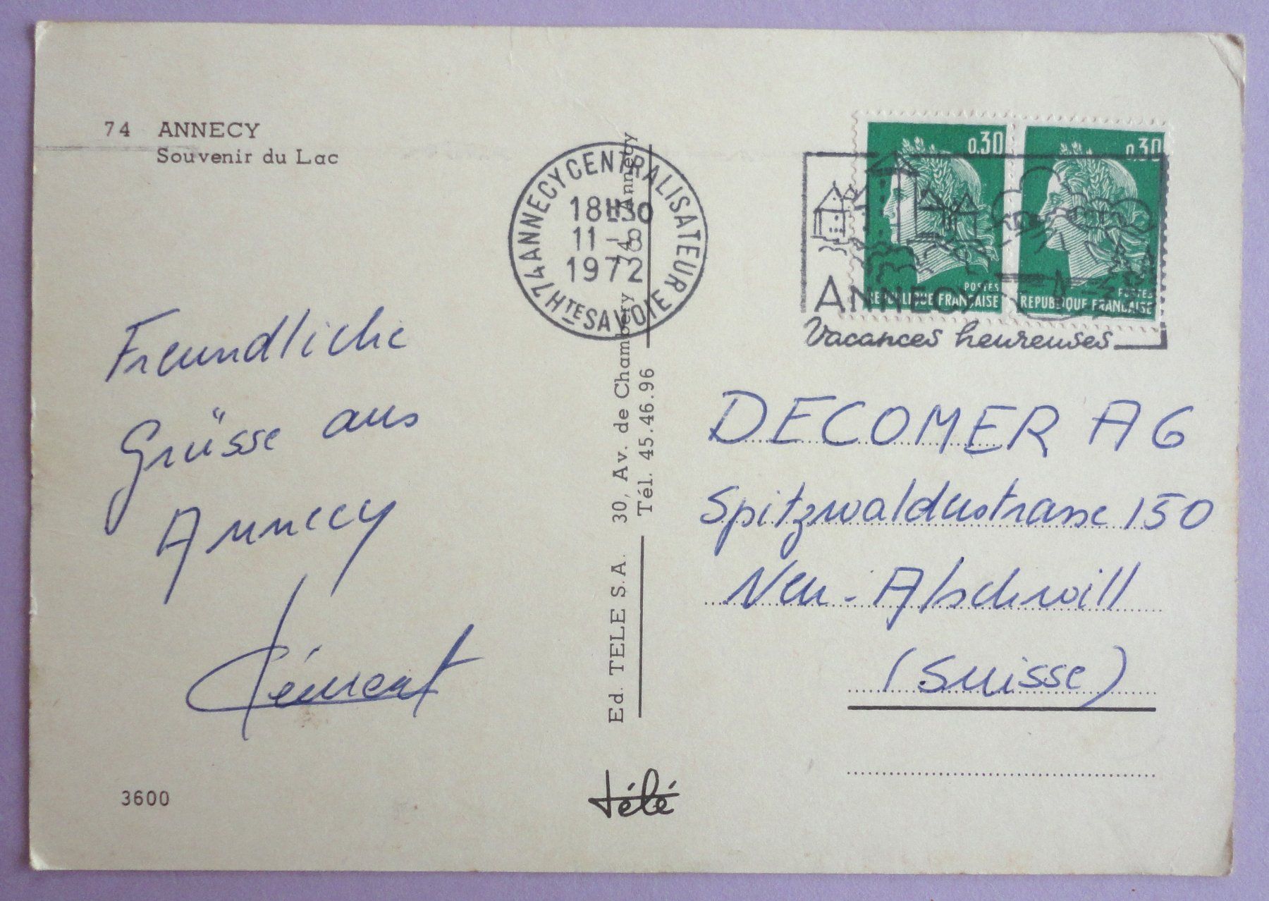 Cartoline postali: Annecy - Souvenir du Lac – Usato da Fétigny venduto da Billy2miny 1