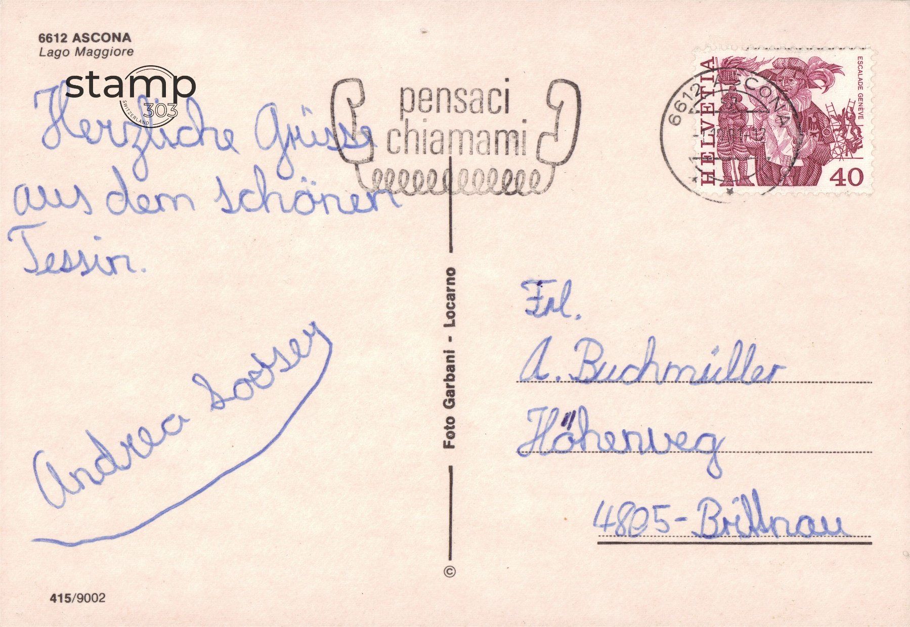 Cartoline postali: 1991 AK Ascona - Lago Maggiore – Usato da Eggersriet venduto da stamp303 1