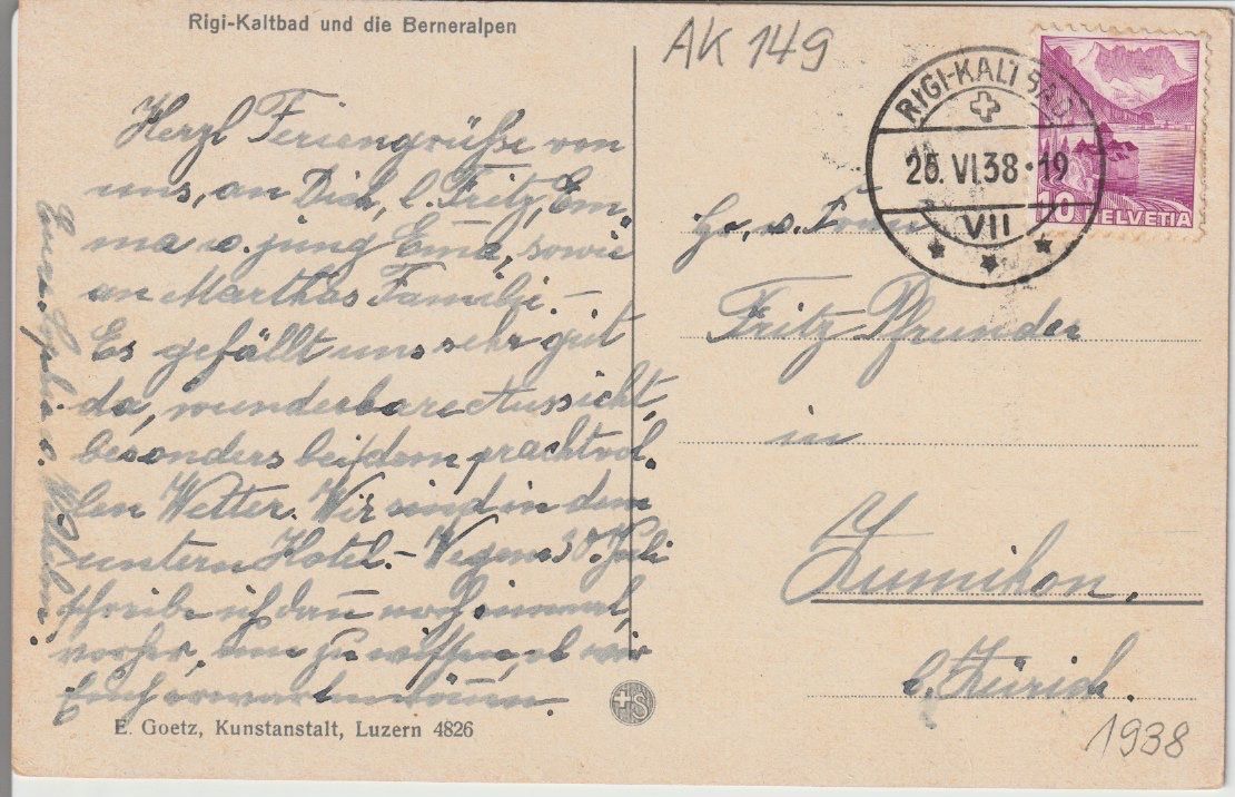 Cartoline postali: AB 149 Rigi-Kaltbad , Berner Alpen, 1938 – Usato da Freienbach venduto da Bhaltis 1