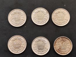 50rappen silber 6x von 1967 im lot