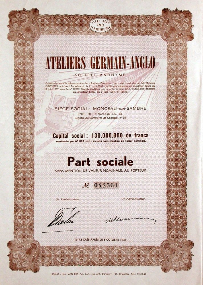 Dokumente: Ateliers Germain-Anglo SA - 1963 – Gebraucht aus Solothurn von Sgasche