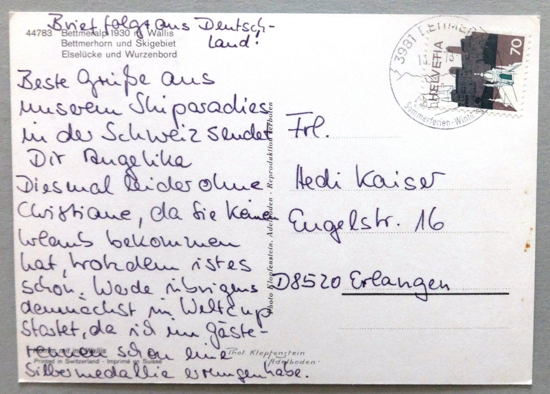Cartoline postali: Bettmeralp 1930 m, Wallis – Usato da Fétigny venduto da Billy2miny 1