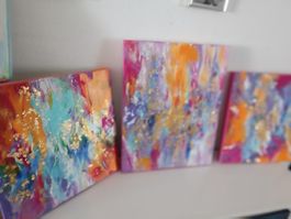 3 Acrylbilder auf Leinwand 40x40 cm mit gold & orange