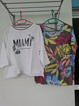 Weiss T-Shirt Gr. L "Miami" & buntes Blusentop Gr. XL CECIL