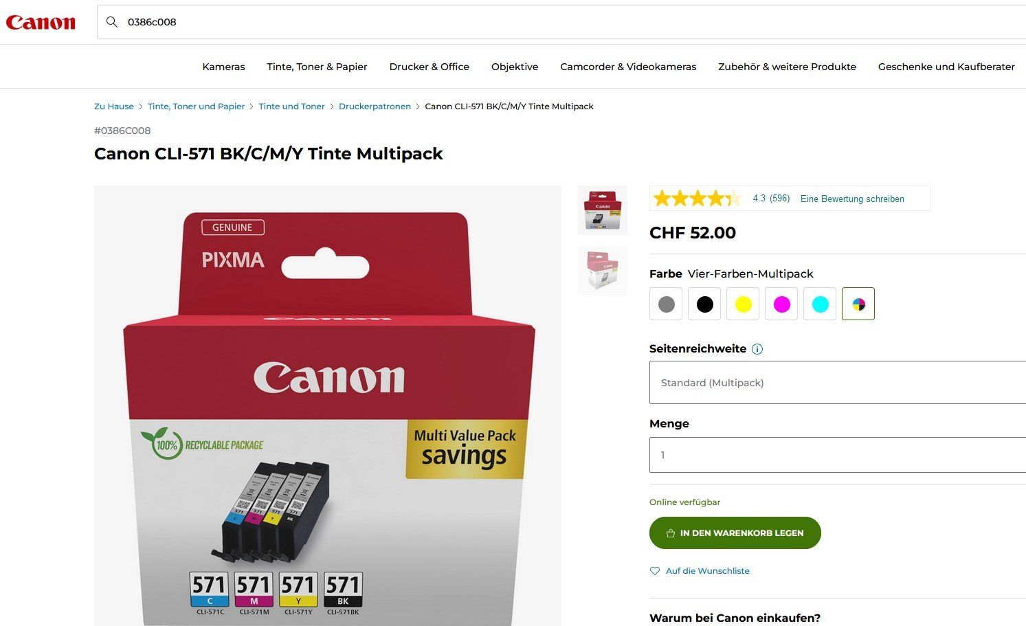 Canon Druckerpatronen & Toner: Original CLI-571BK + CLI-571C + CLI-571M + CLI-571Y Patronen – Neu und originalverpackt aus Glattbrugg von copytron 1