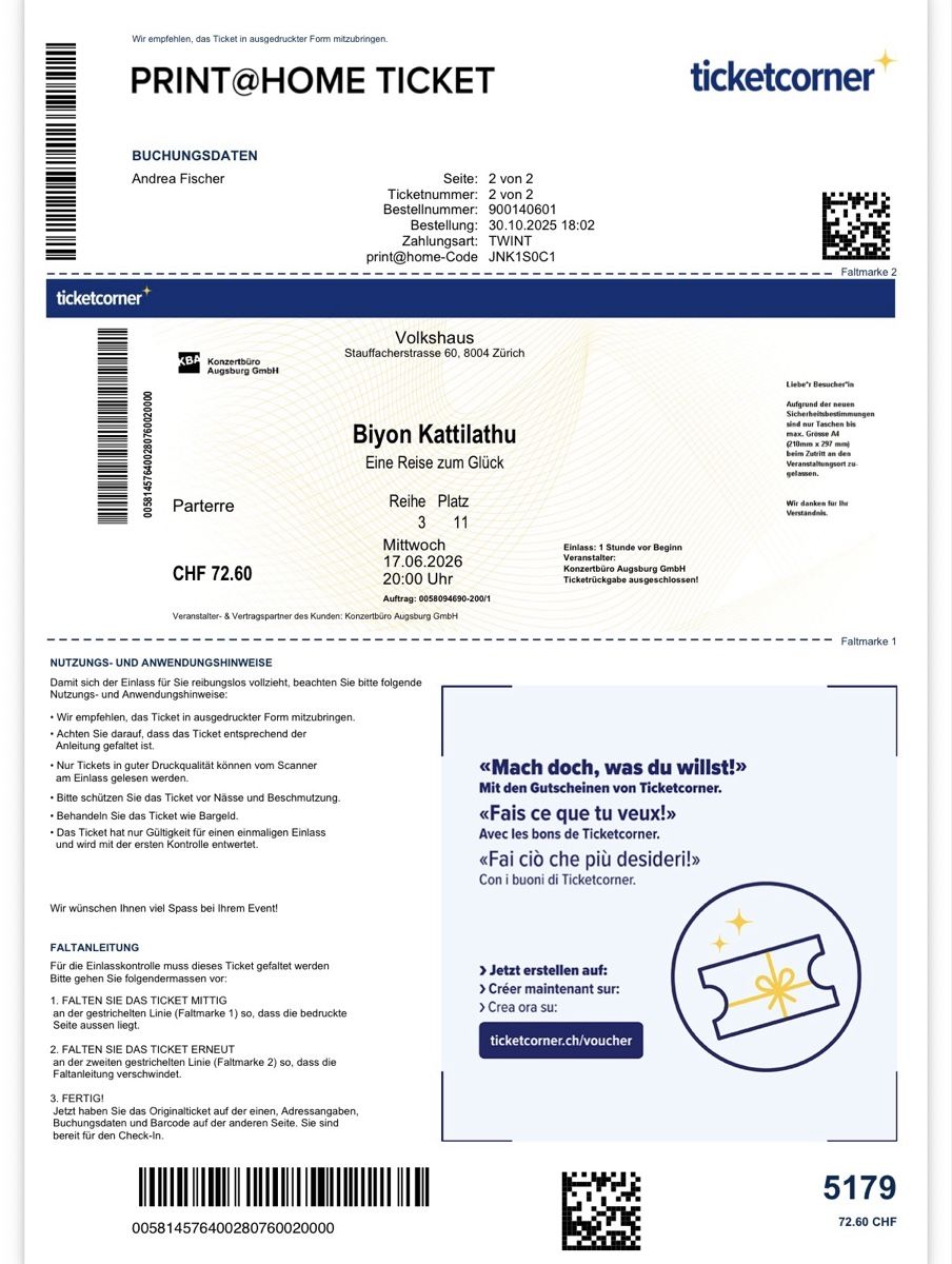 Biglietti: Tickets Biyon Kattilathu/3. Reihe – Nuovo e nell'imballaggio originale da Bonstetten venduto da and_z2dd 1