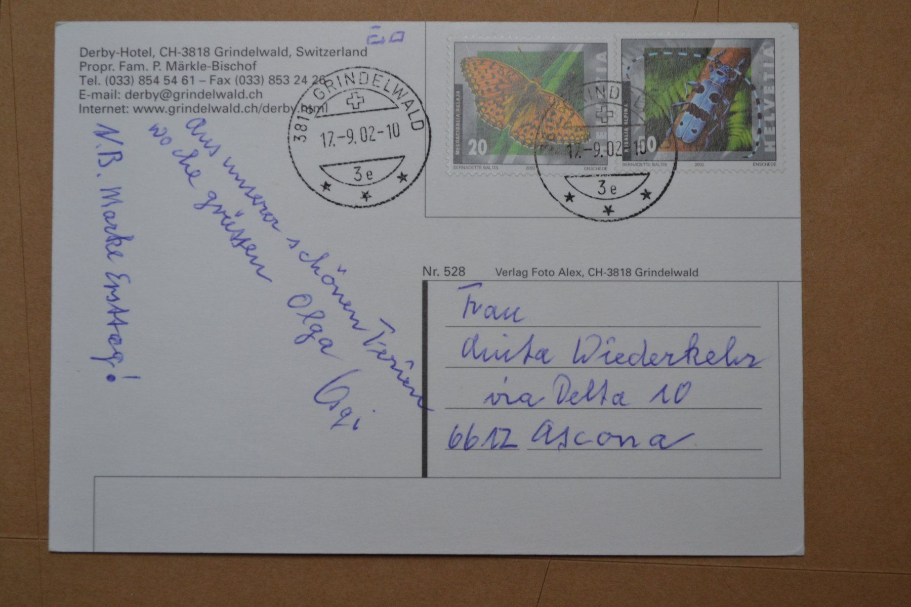 Cartoline postali: AK Grindelwald Derby-Hotel BE – Usato da Beinwil am See venduto da kajak55 1