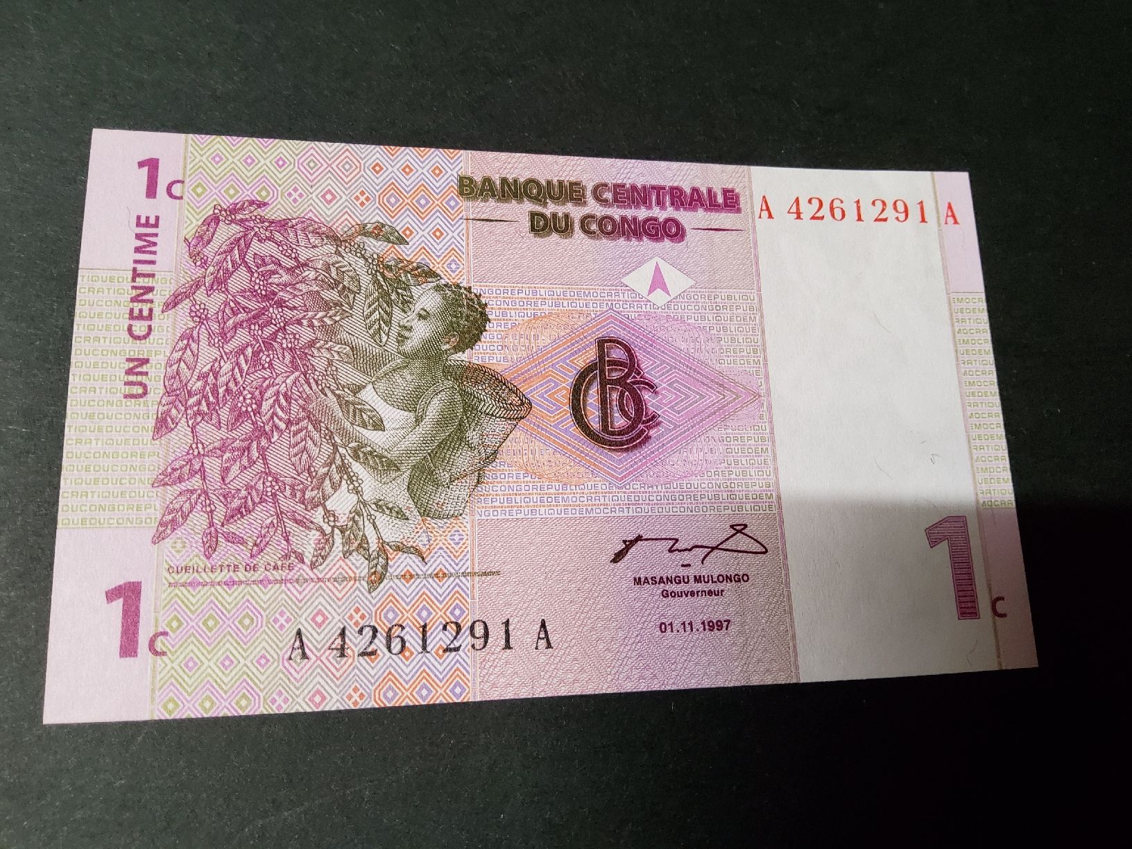 Banconote: Kongo 1 Centime 1997, Vulkan Nyiragongo, seltener Schein – Nuovo e nell'imballaggio originale da Herisau venduto da Nluanalucas