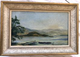 Altes Gemälde - Öl auf Leinwand - Seenlandschaft mit Boot