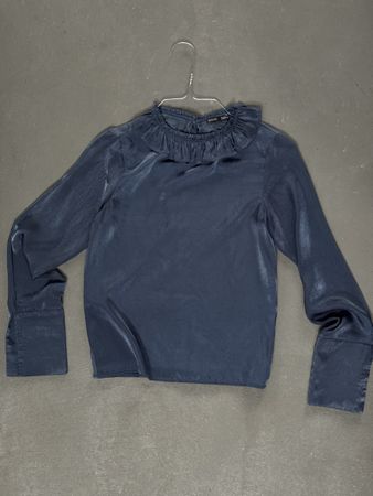 Navy Ruffle Collar Blouse - Long Sleeve Chic Top - Size S