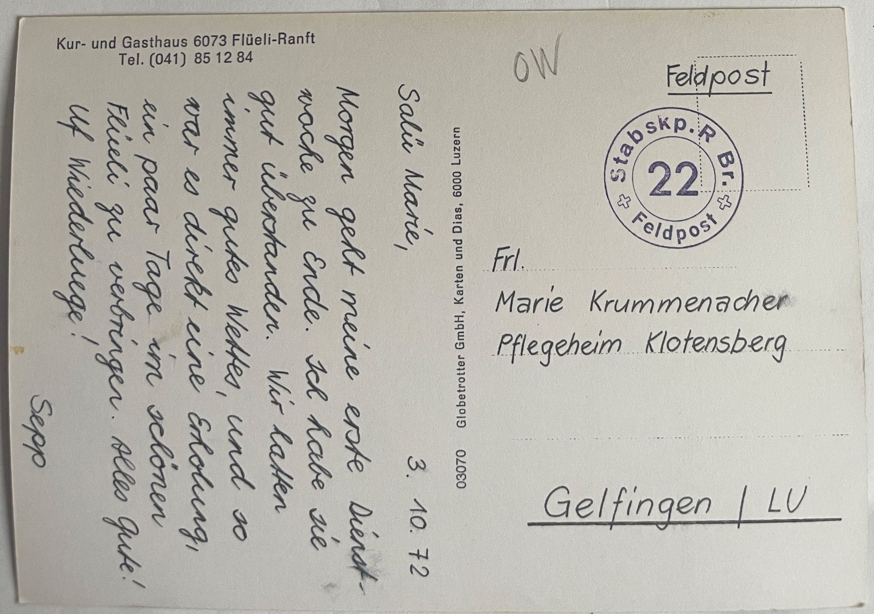 Ansichtskarten: AK:  FLÜELI-RANFT - KUR und GASTHAUS – Gebraucht aus Lutry von Ediego 1