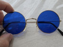 2x Retro Runde Sonnenbrillen – Blaue Gläser & Goldener Rahme