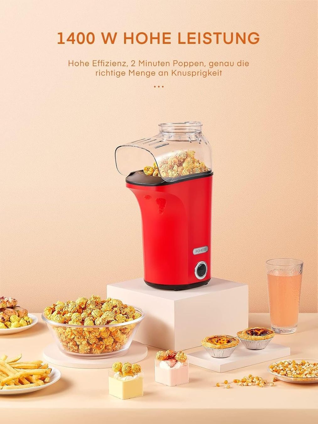 Elettrodomestici da cucina: Popcornmaschine Heissluft 1400W 4L Popcorn Maker Rot – Nuovo e nell'imballaggio originale da Wittenbach venduto da VELARO 3