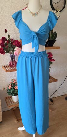 Blue 2-piece set crop top and wide leg pants size S or M