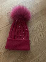 Mütze/Rote Wintermütze mit Bommel, Perlen und Kaschmir