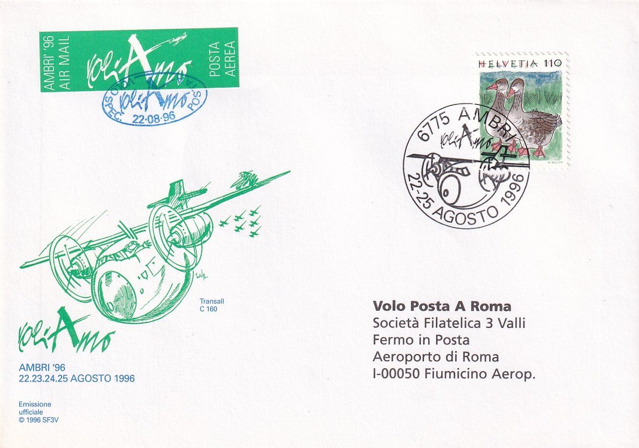 Tutti i francobolli: Flugmeeting Ambri '96 Ambri - Basel - Rom 1996 – Usato da Baar venduto da Asmara111