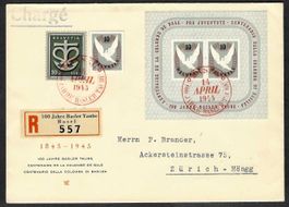 1945, W22 (Ausschnitt) + W23+, Block Basel, auf FDC (15962)