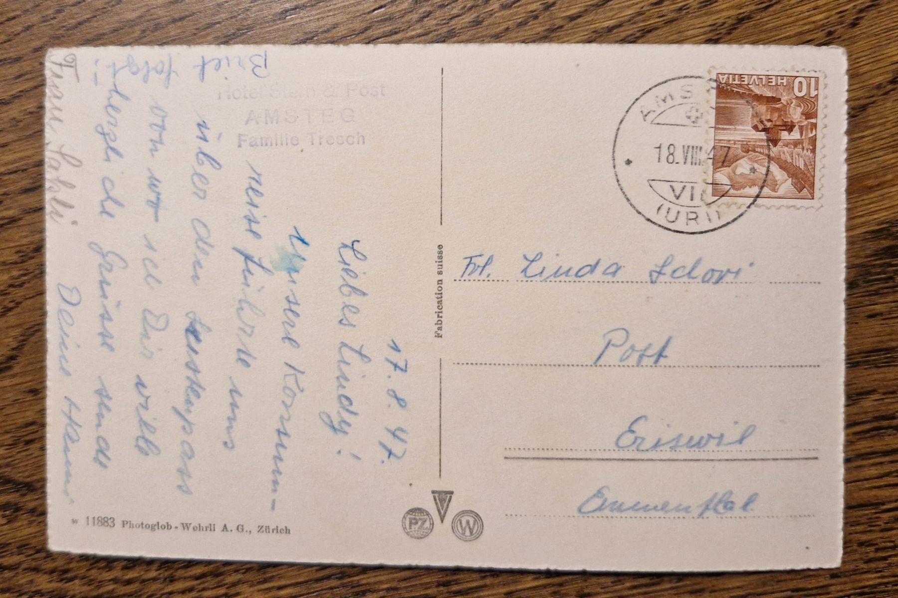 Cartoline postali: Sustenstrasse, off. Postauto,  Steingletscher 1947,n.Eriswil – Usato da Ebikon venduto da Donar50 1