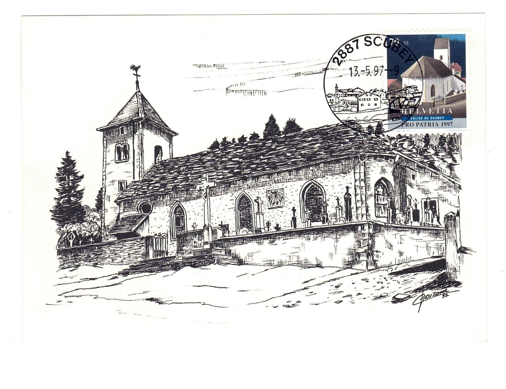 Alle Briefmarken: Maximumkarte Kirche Soubey 1997 – Gebraucht aus Büetigen von philat