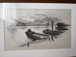 Lithografie von Fred Stauffer Verladeschiffe am See