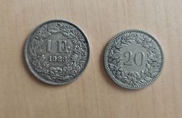 Pièce de 1.- argent 1928 + 20ct 1893
