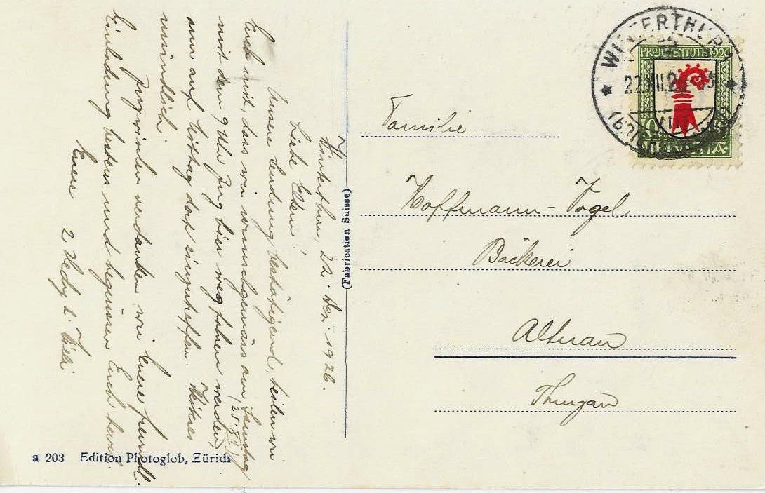 Cartes postales: AK WINTERTHUR 1926 – D'occasion à Schlossrued par Aronliam 1