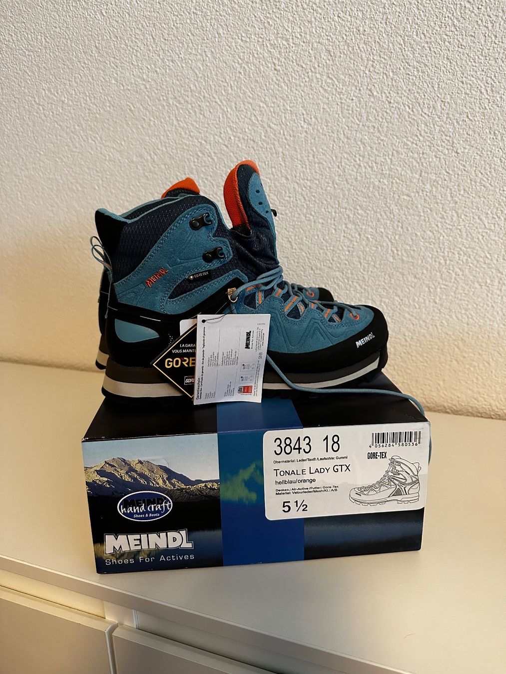 Meindl Damenschuhe: Meindl Wanderschuhe Tonale Lady GTX hellblau/orange Gr. 51/2 – Neu und originalverpackt aus Uttigen von 1hihallo4