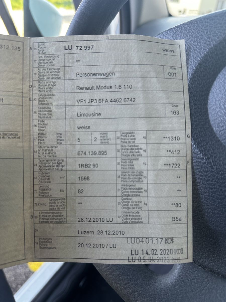 Renault Automobili: Renautl Modus 1.6 110 / Automat ! – Usato da Luzern venduto da Swiss-Garage 9
