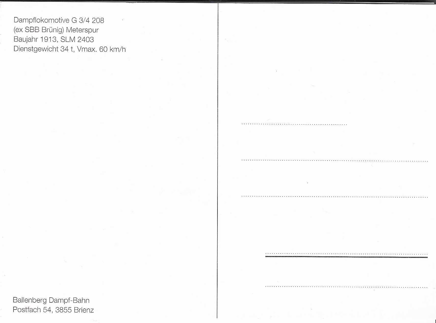 Cartoline postali: Dampflokomotive G 3/4 208 ex SBB Brünig – Nuovo (secondo la descrizione) da Rothrist venduto da Stranglehold 1