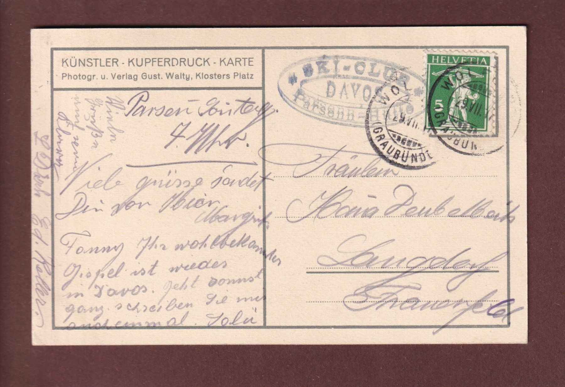 Cartoline postali: Davos - PARSENN - WEISSFLUH - 1917 – Usato da Pully venduto da nicecards 1