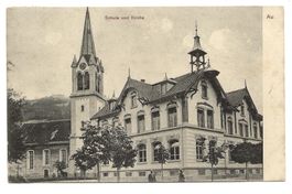 Au (SG) Rheintal - Primarschule und Kirche - 1910