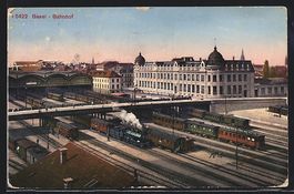AK Basel, Stadtansicht mit Bahnhof, 1919