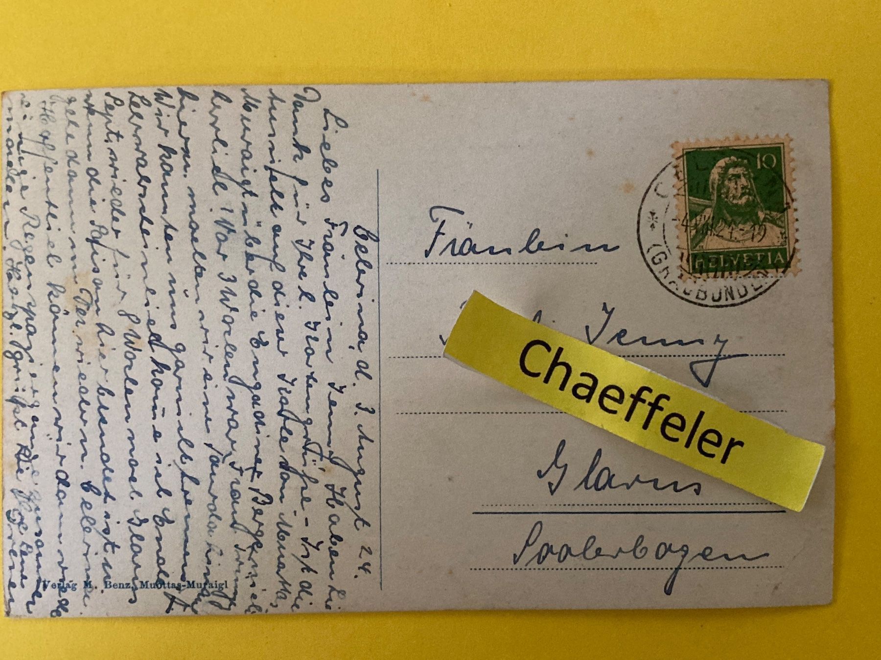 Ansichtskarten: 1924 Mouttas - Muraigl – Gebraucht aus Zürich von Chaeffeler 1
