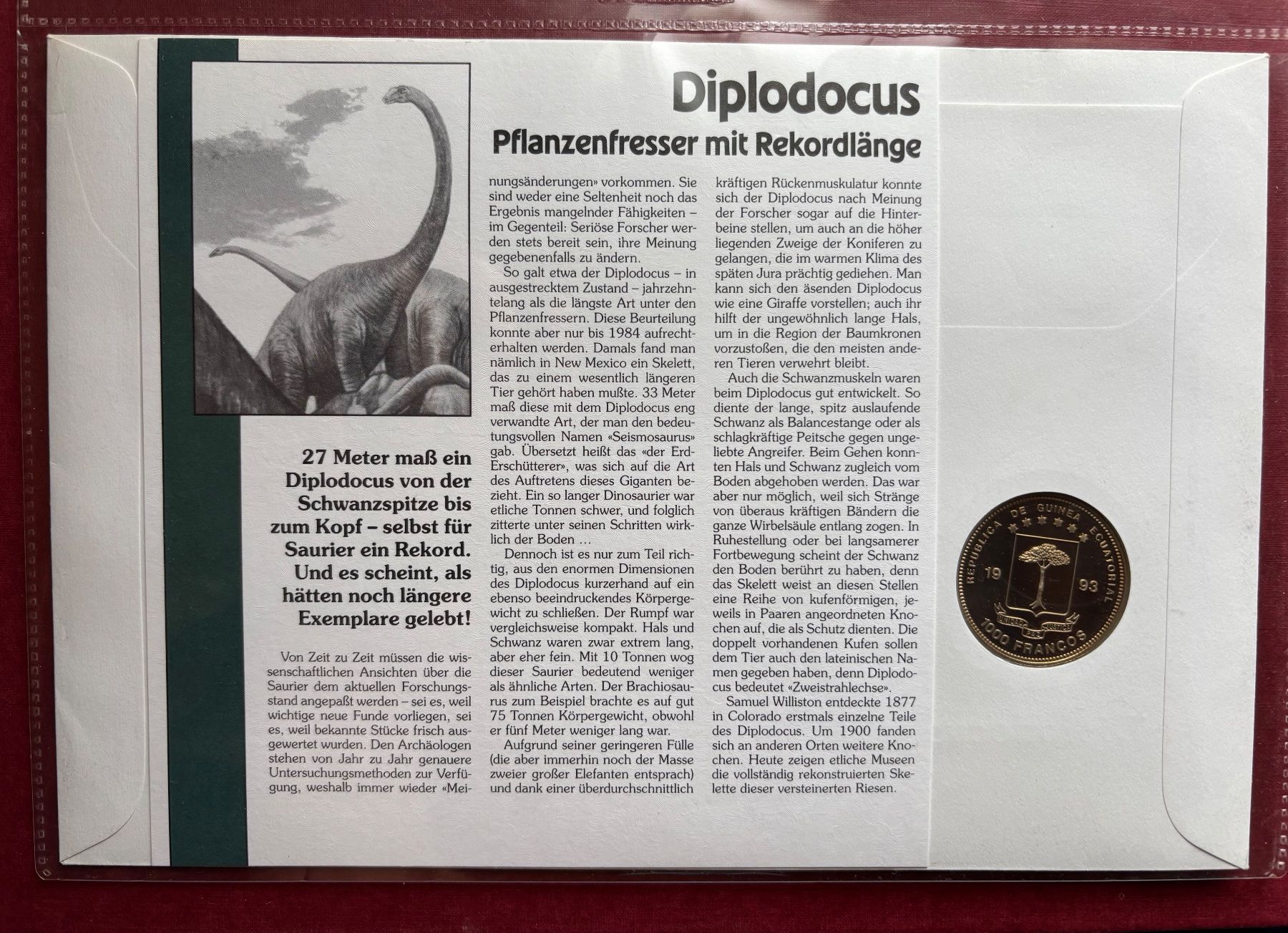 Tutti le monete: Münzbrief 1000 Francs pp Dinosaurier Diplodocus – Nuovo (secondo la descrizione) da Speicher venduto da CH-Schatzkammer 3