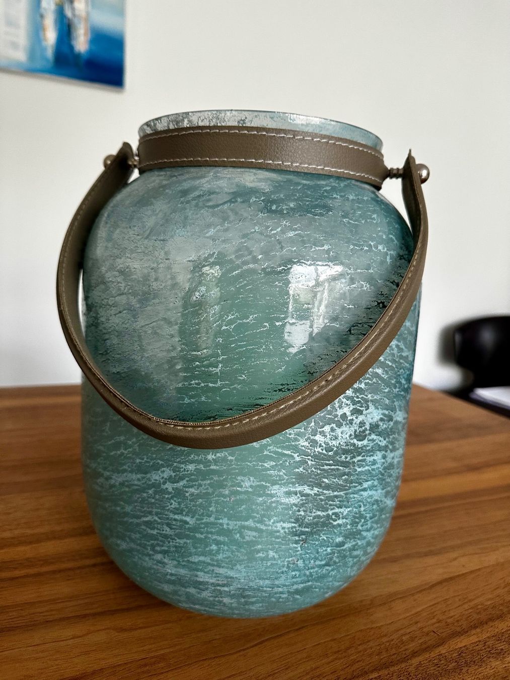 Tutte le decorazioni: Windlicht aus türkisem Glas mit Haltegriff – Usato da Chur venduto da Avero 1