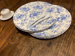 5 schöne Platzteller mit Blumen weiss-blau
