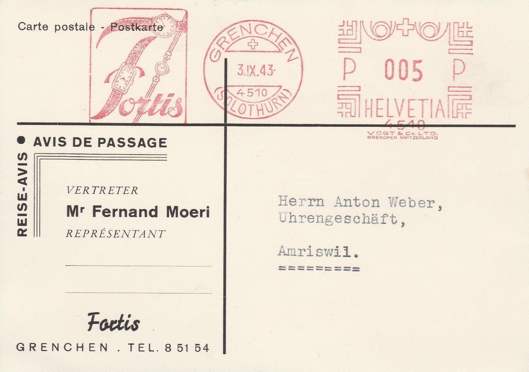Cartes postales: Grenchen-Fortis-Uhrenfabrik 1943 – D'occasion à uttwil par Koehlerfred 1