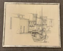 Gravure signé port avec bateaux