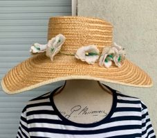 superbe chapeau de paille ancien style canotier allongé