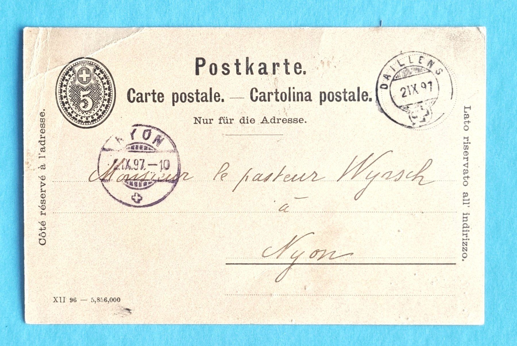Alle Briefmarken: Suchard - Ganzsache - Daillens - Nyon - 1897 – Gebraucht aus Rothrist von RROENK 1