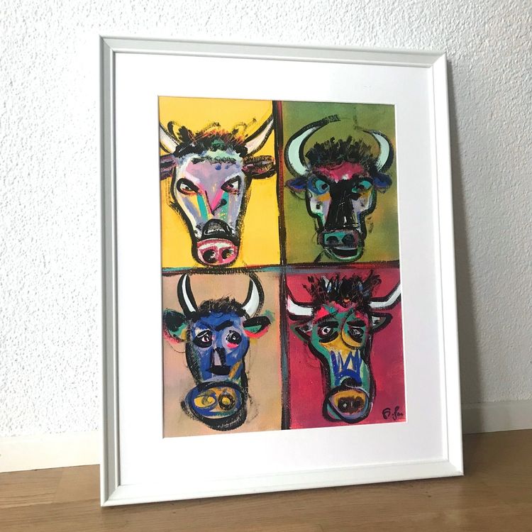  Kühe Cows Pop Art Kunst Bild Öl-Kreide Acryl Alp Original CH (Neu Motiv 