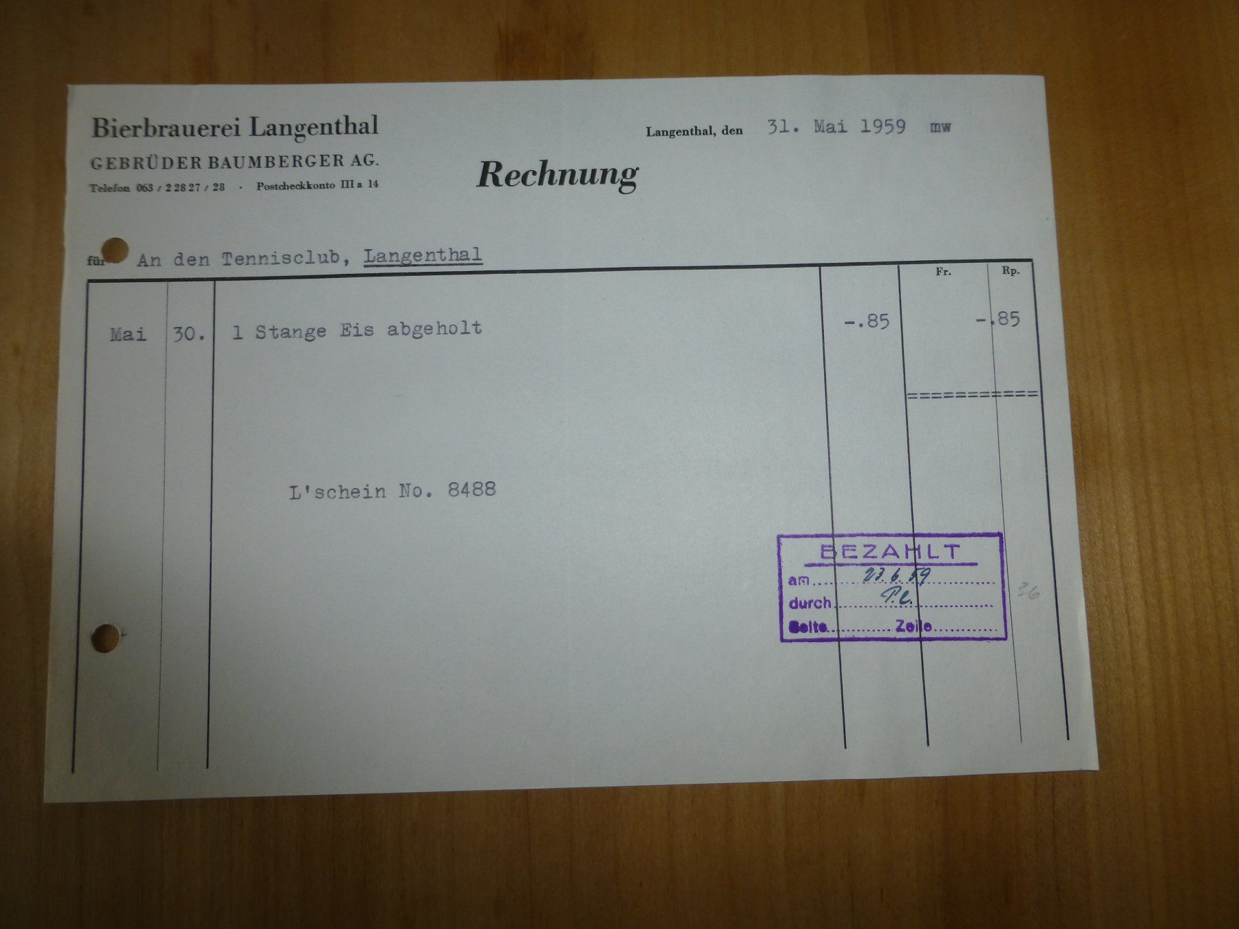 Foto & Immagini: Langenthal, Rechnung Bierbrauerei Langenthal, 1959 – Usato da Bettlach venduto da 1saurer
